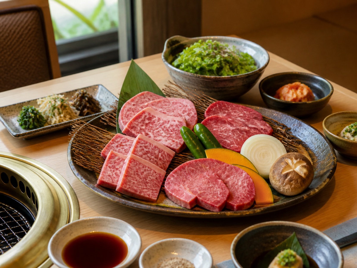 赤身とカルビを人数分に盛り付けた焼肉の盛り合わせ