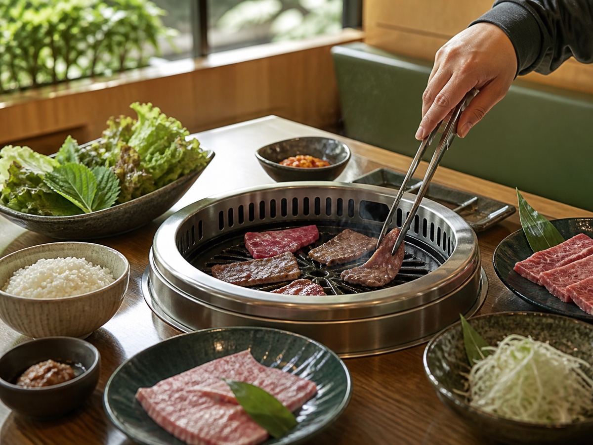 無煙ロースターで肉を焼く食卓