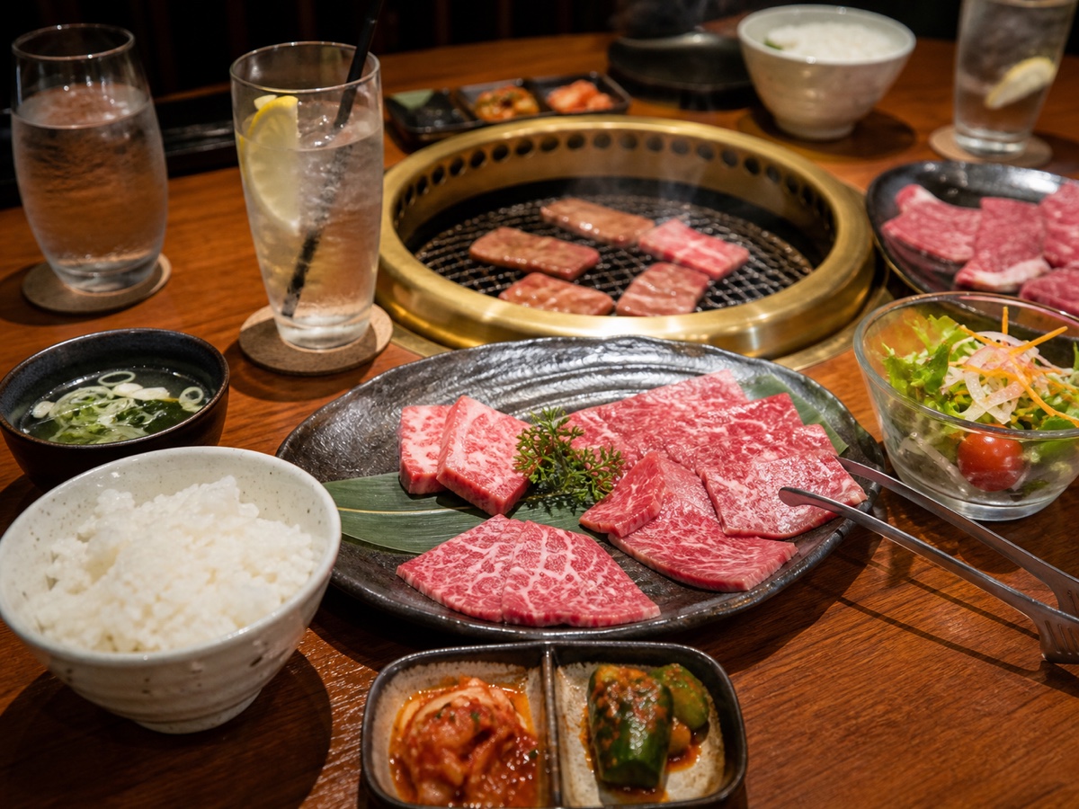 焼肉と一緒に楽しむ野菜や小皿とドリンク