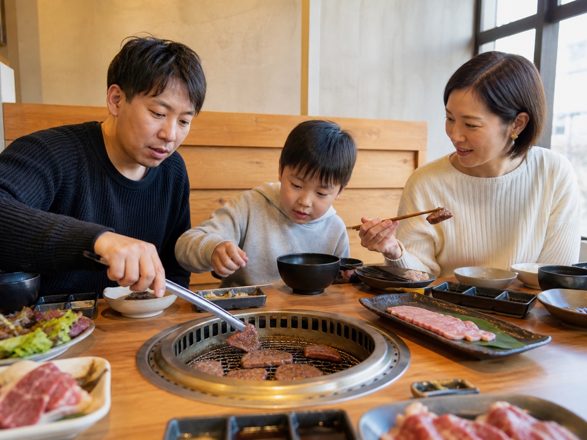 明るい席で焼肉を囲む家族の食事